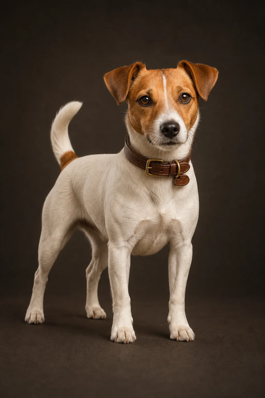 Jack Russell teriér s hnědým koženým obojkem VARDE Classic